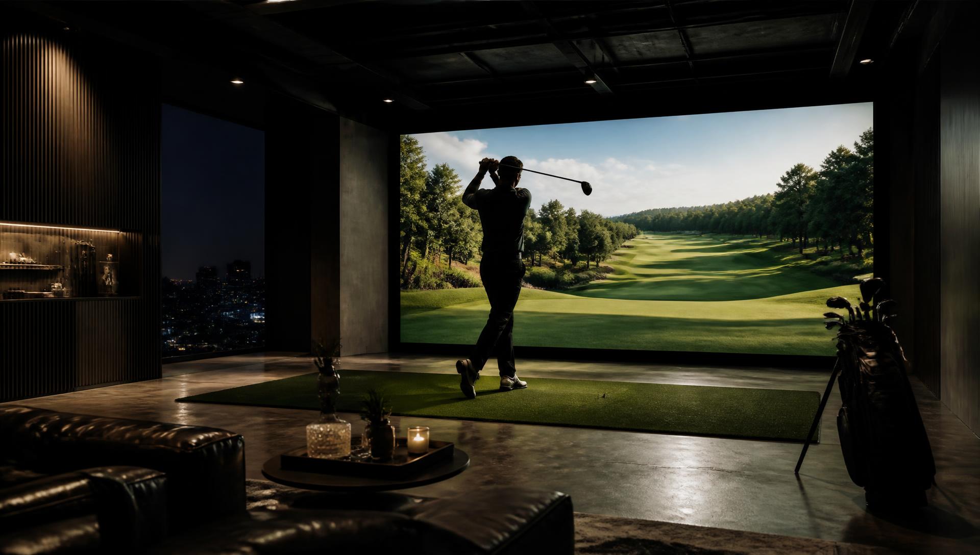 Golfer mid-swing in a premium indoor golf simulator bay
